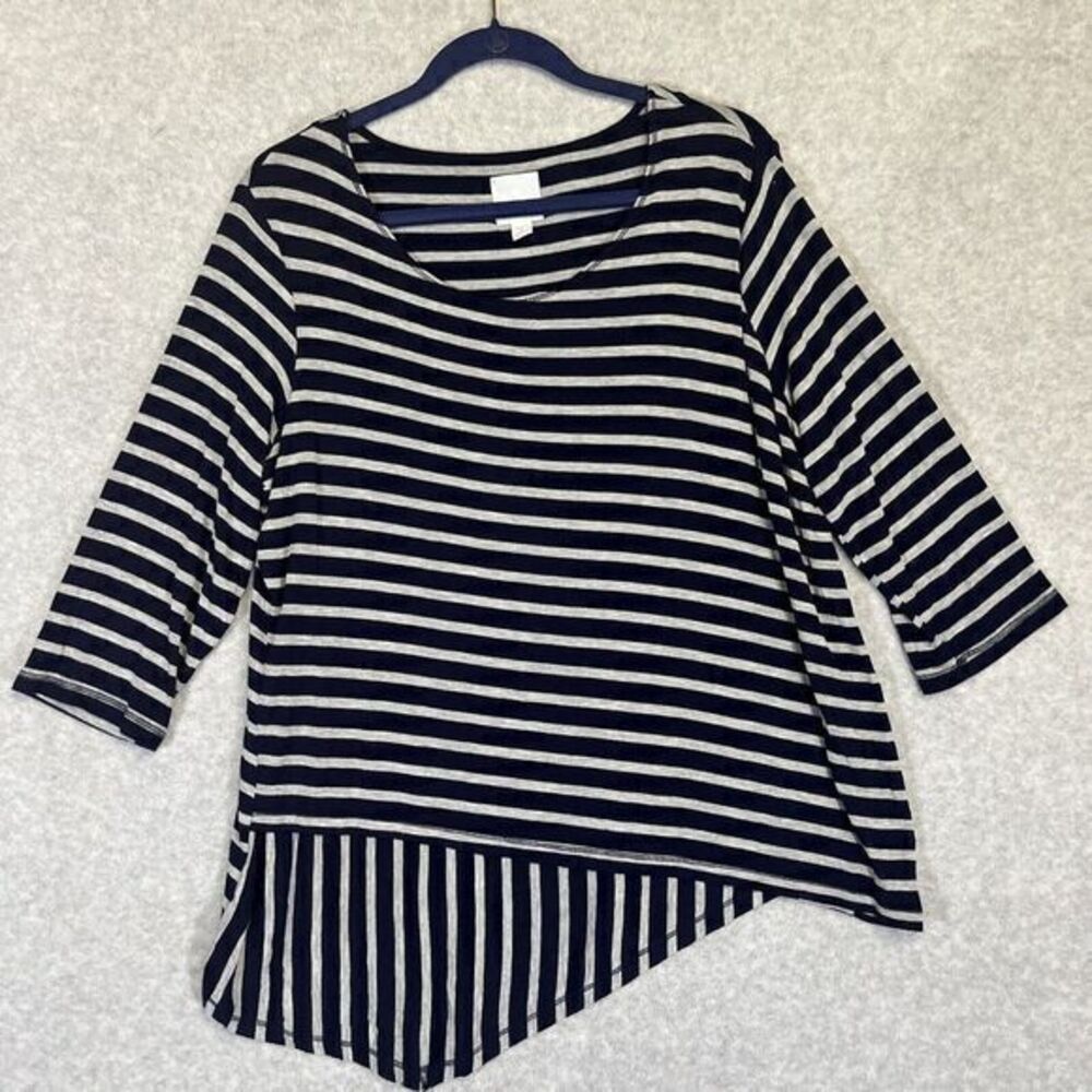 Sunday Striped Top Women's 1X Blue Gray Stretch 3/4 Roll Tab Sleeve Shirt